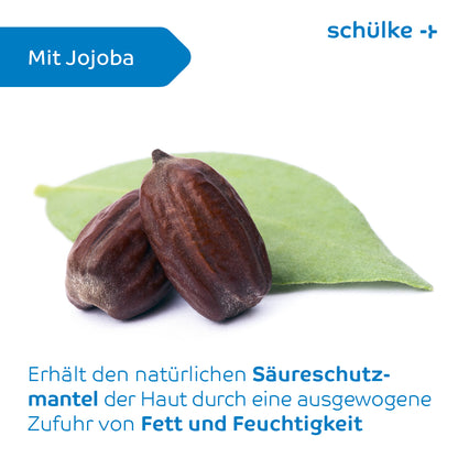 Two jojoba seeds rest on a green leaf against a white background. The image contains German text describing the benefits of Schülke sensiva® protective emulsion for maintaining the skin's acid mantle with balanced fat and moisture supply, similar to the fragrance-free protective lotion. The brand name “Schülke & Mayr GmbH” appears in blue.