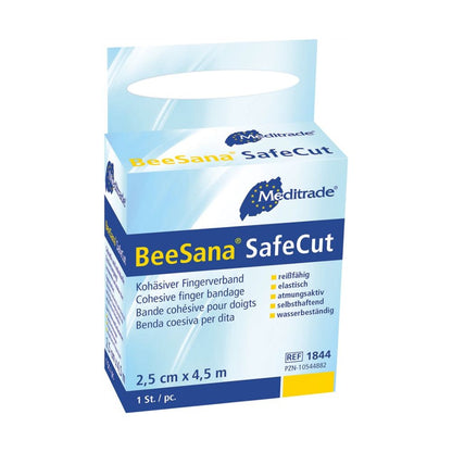The image shows a BeeSana© SafeCut finger bandage from Meditrade GmbH in blue-yellow packaging with the inscription "Finger bandage" and "latex-free". It measures 2.5 cm x 4.5 m with a roll inside, contains multilingual text, and bears the reference number 1844 for wound protection needs.