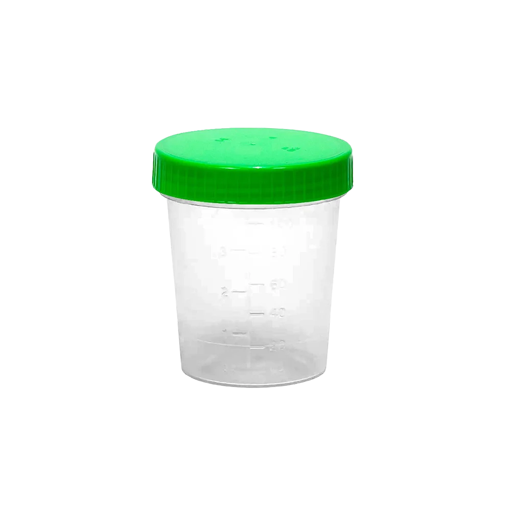 A transparent plastic container made of polypropylene with a green screw cap for medical applications, with side measurement markings and without content.