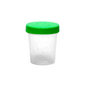 A transparent plastic container made of polypropylene with a green screw cap for medical applications, with side measurement markings and without content.
