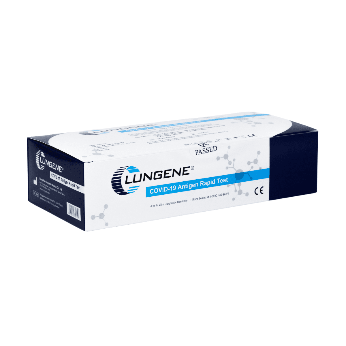 A sealed box of the Clungene Antigen Rapid Test 25 pieces AT079/20, predominantly white with blue accents, with certification and usage information.