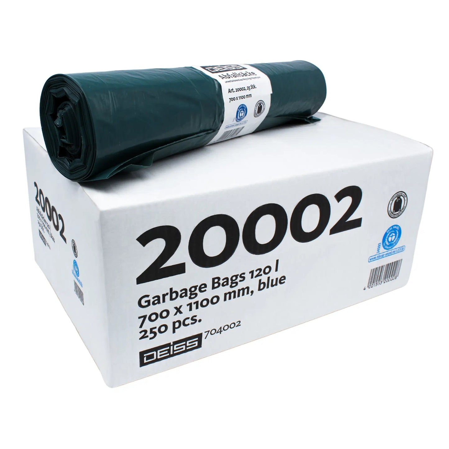 A roll of DEISS The Blue Angel garbage bags in blue color lies on a white box with the inscription "20002". The box indicates that these garbage bags from the company EMIL DEISS KG (GmbH + Co.) are 700 x 1100 mm in size, made from recycled PE, and there are a total of 250 pieces.