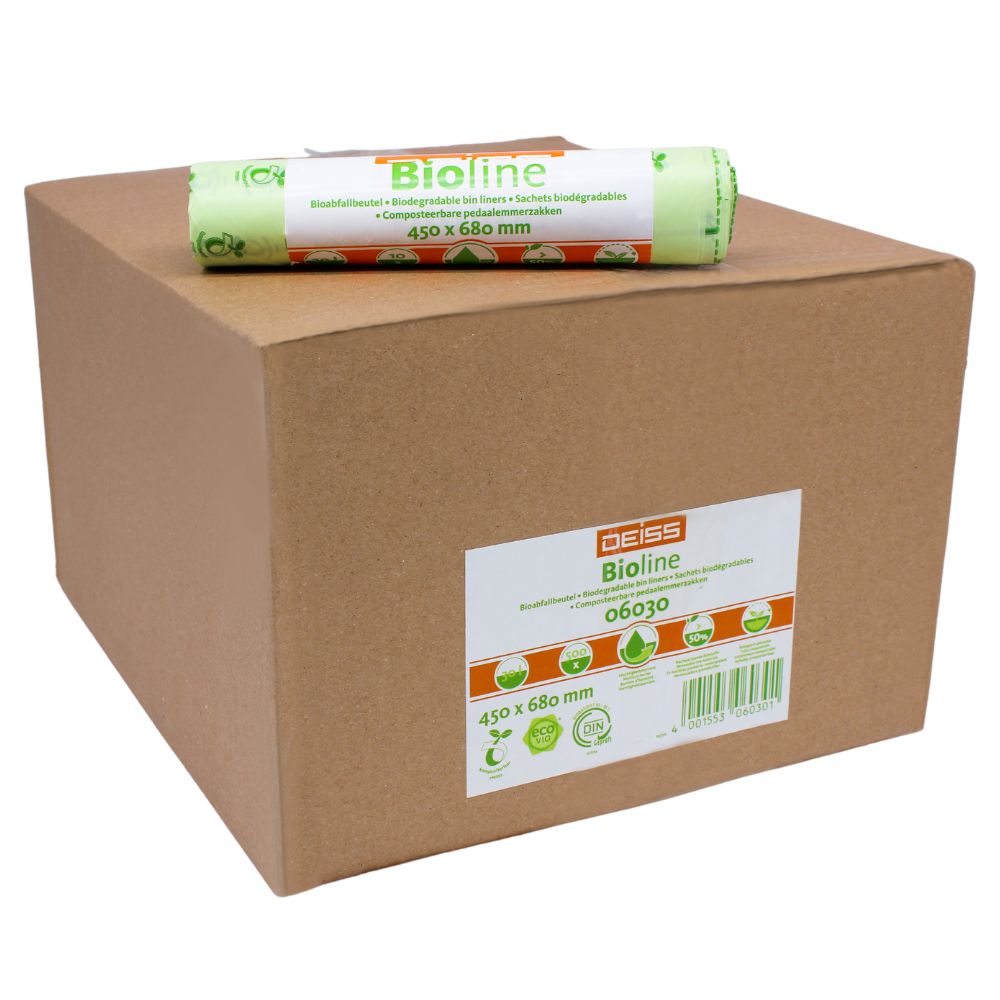 A large brown box with the inscription "EMIL DEISS KG (GmbH + Co.)" and a roll of DEISS organic waste bags 30 liters, 06030 on it. The roll has the dimensions 450 x 680 mm and is marked with symbols indicating that the bag is compostable and biodegradable.