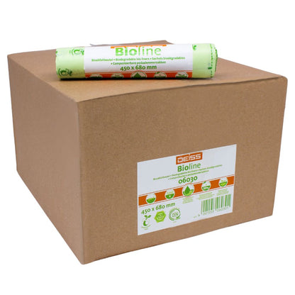 A large brown box with the inscription "EMIL DEISS KG (GmbH + Co.)" and a roll of DEISS organic waste bags 30 liters, 06030 on it. The roll has the dimensions 450 x 680 mm and is marked with symbols indicating that the bag is compostable and biodegradable.