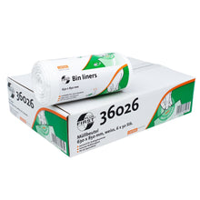 A roll of DEISS First Plus® garbage bags from EMIL DEISS KG (GmbH + Co.) lies on a white-green box with the label "36026". The packaging prominently displays "Premium-LDPE" and also states "63 x 85 cm, white, 6 x 50 pcs." Additionally, there is a graphic illustrating the Easy Opener feature.