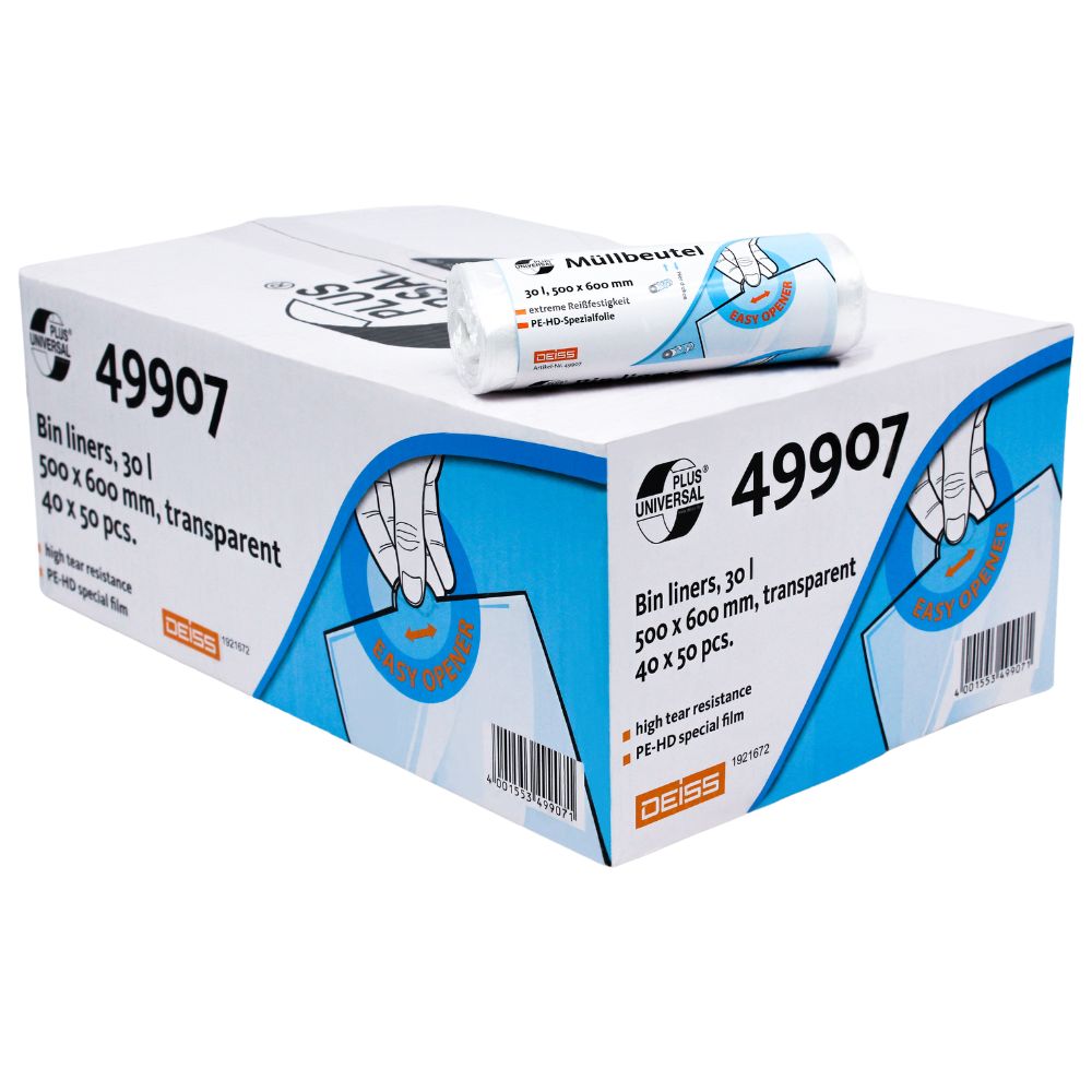 A box of DEISS Universal Plus® garbage bags, marked with the code "49907", shows a smaller roll on top. The packaging shows a hand holding a transparent, tear-resistant bag with a capacity of 30 liters. It measures 500 x 600 mm and contains 40 packages of bags made from HDPE special film, each with 50 pieces. This product is from EMIL DEISS KG (GmbH + Co.).