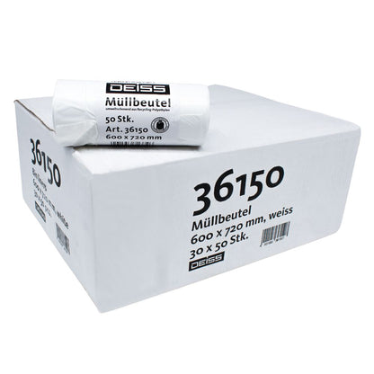 Displayed is a package with DEISS LDPE garbage bags from EMIL DEISS KG (GmbH + Co.), on which there is a roll with 50 LDPE garbage bags on top. The size of the box is labeled in white with the dimensions 600 x 720 mm. The item number 36150 is designed for a capacity of 60 liters and offers 30 rolls of durable waste solutions.