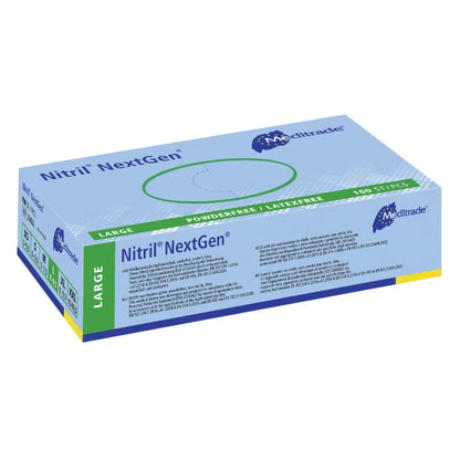 A box of Meditrade Nitrile Gloves NextGen® disposable gloves from Meditrade GmbH. The box is blue with green accents, labeled latex-free and in size Large, containing 200 pieces.