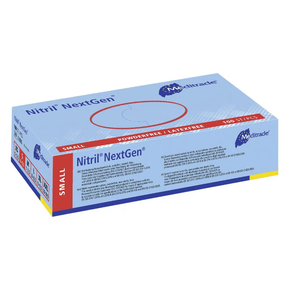 A box with small disposable gloves Meditrade Nitrile Gloves NextGen® EN 455. The box is blue and white, indicating that the gloves are powder-free and latex-free, and contains 100 pieces.
