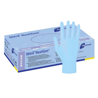 A box labeled “Meditrade Nitrile Gloves NextGen® by Meditrade GmbH” with the illustration of medium-sized, powder-free, blue nitrile gloves on the top and side of the packaging.