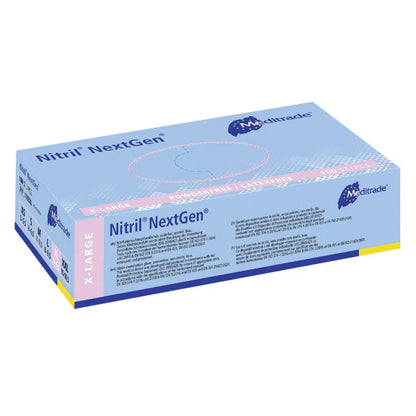 A box of Meditrade Nitrile Gloves NextGen® extra-large latex-free disposable gloves. The box is blue and white with text and graphics indicating the product details.