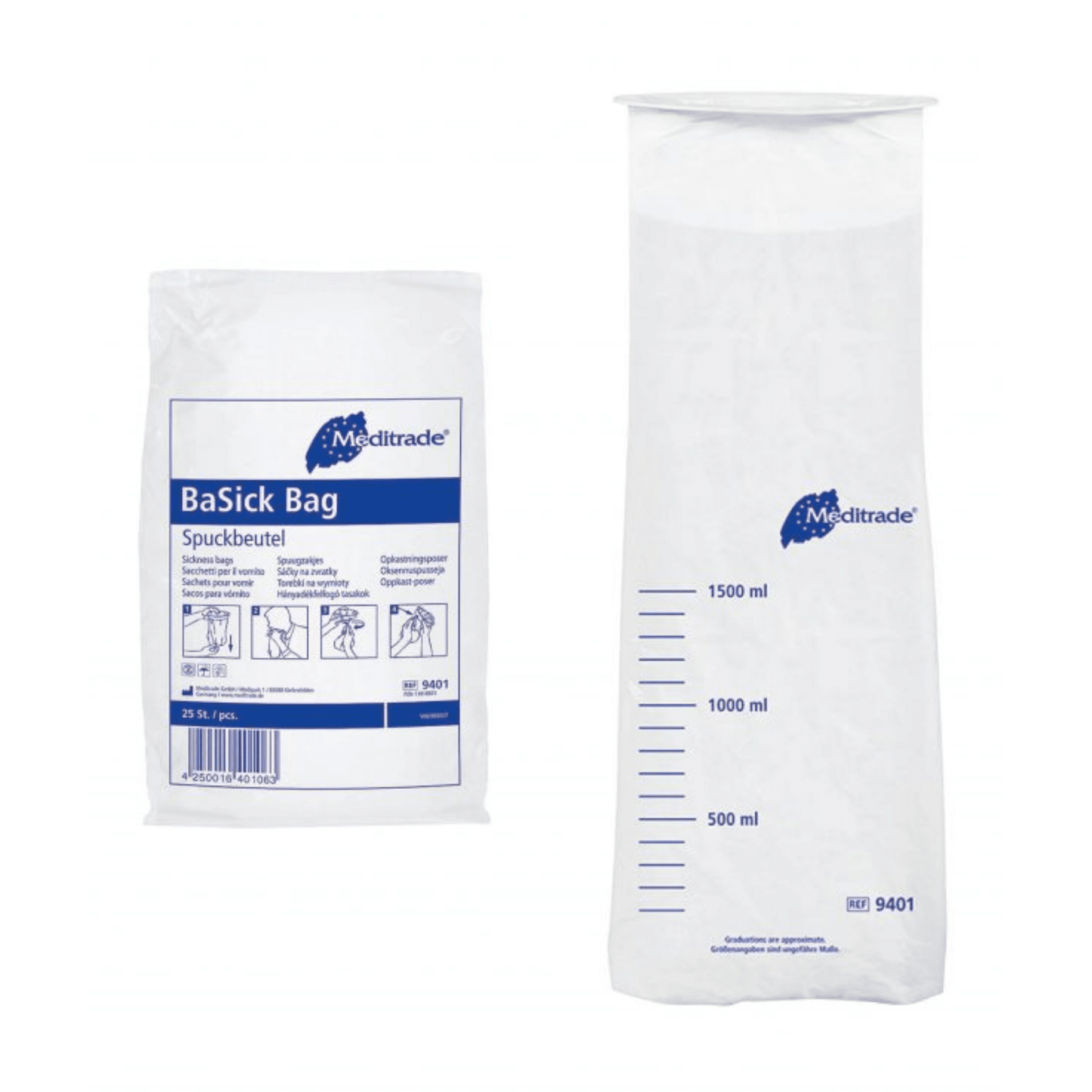 Two views of a Meditrade GmbH Meditrade BaSick vomit bag package (25 bags), a 1000 ml polyethylene vomit bag with blue lettering, showing front and back design, with text and usage.
