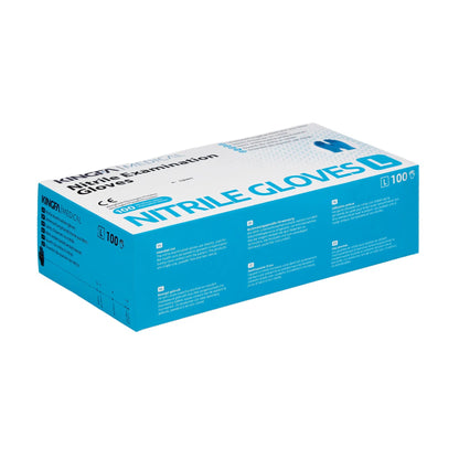 A blue box of Kingfa nitrile disposable gloves, powder-free, labeled in white and light blue lettering, with the quantity indication of 100 pieces.