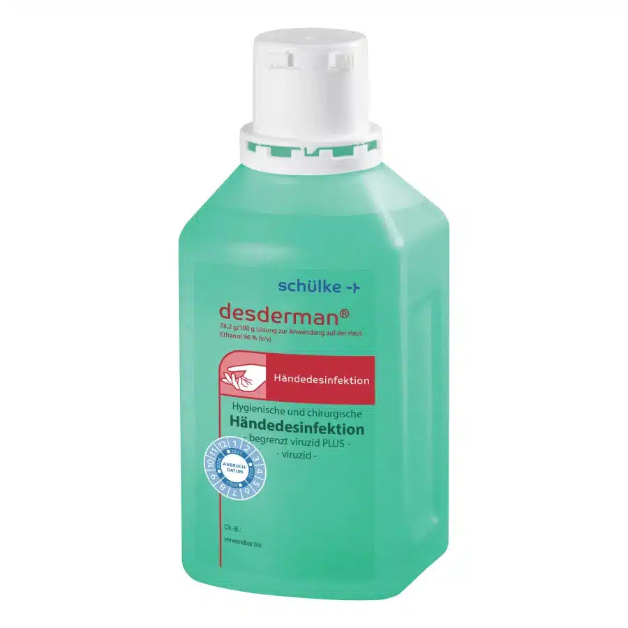 A bottle of Schülke desderman® hand disinfectant. The container is light green with a white cap, and the labels include usage instructions and logos. (Brand name: Schülke & Mayr GmbH)