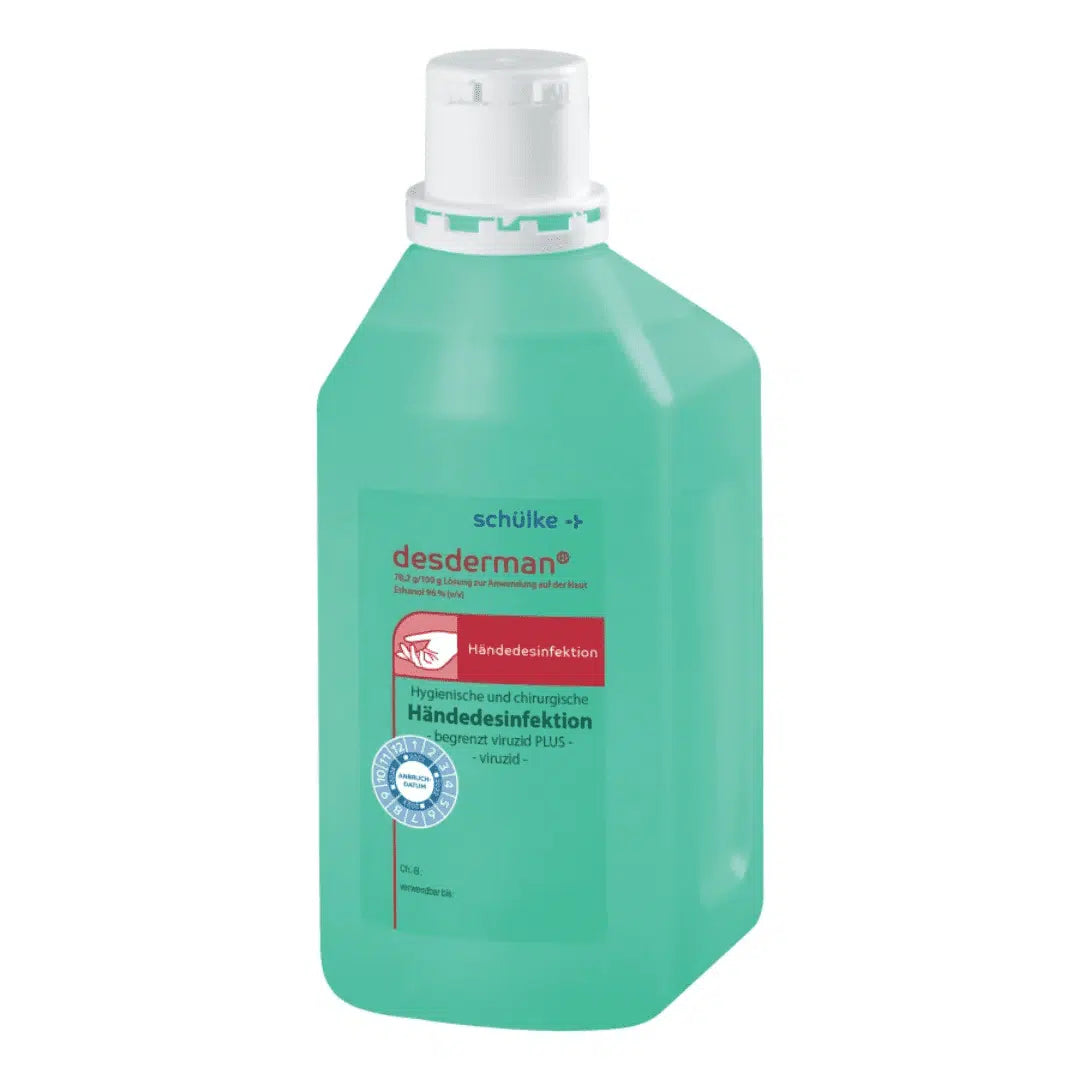 A bottle of Schülke desderman® hand disinfectant by Schülke & Mayr GmbH. The plastic container is translucent and filled with a green liquid, with a white cap and a label in blue and red.