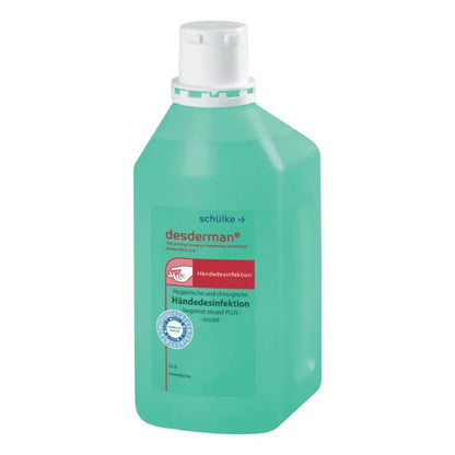 A bottle of Schülke desderman® hand disinfectant by Schülke & Mayr GmbH. The plastic container is translucent and filled with a green liquid, with a white cap and a label in blue and red.