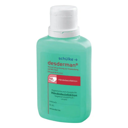 A bottle of Schülke desderman® hand disinfectant with a turquoise label and white cap, with text and graphics indicating its use for virucidal hand disinfection, contains 78.2 g of ethanol per