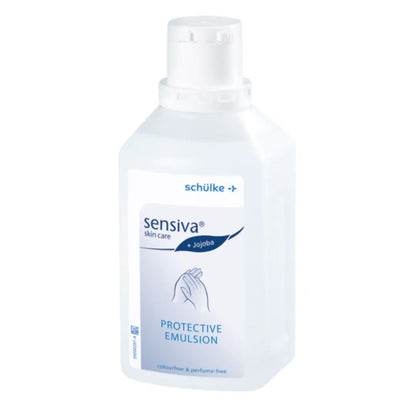 A bottle of Schülke sensiva® protective emulsion with jojoba from Schülke & Mayr GmbH, labeled as dye and fragrance-free. The bottle is white with a blue-white label with a