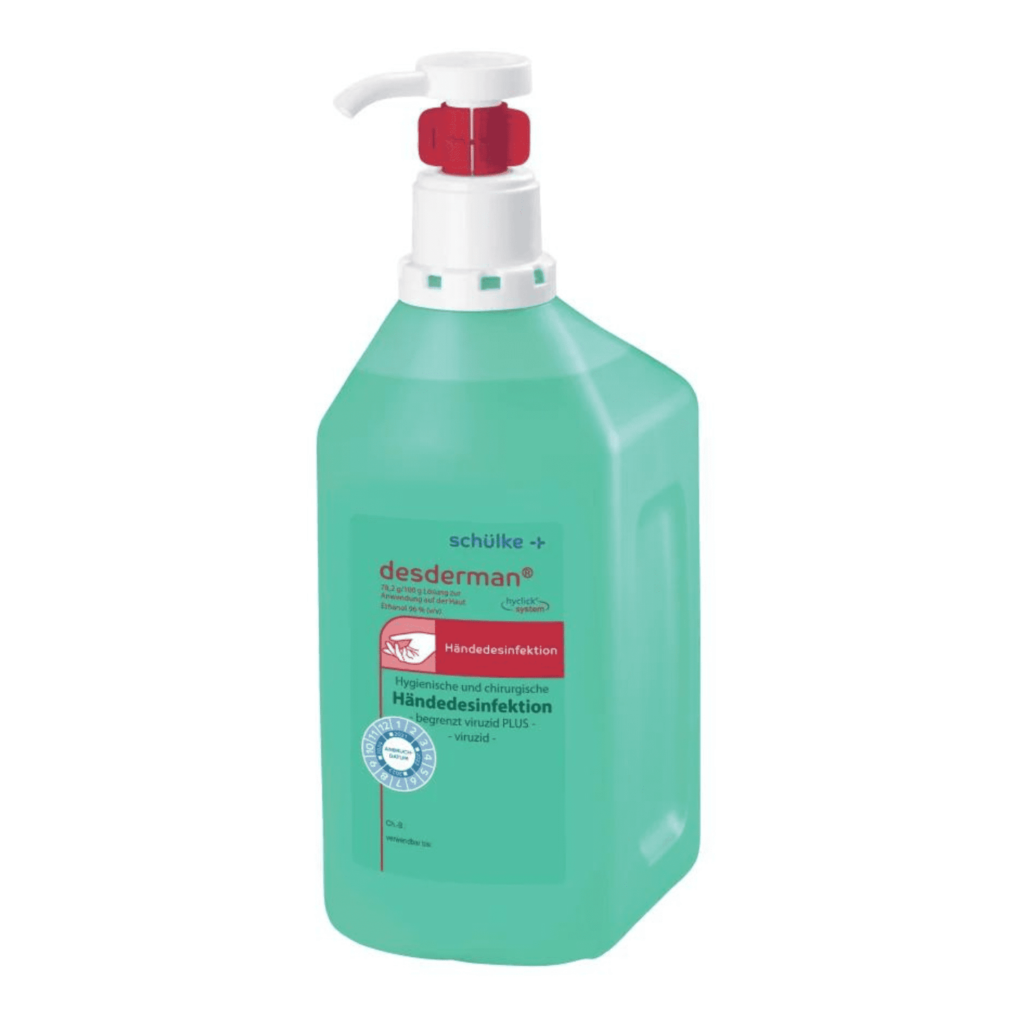 A bottle of the green Schülke desderman® hand disinfectant with a red and white pump dispenser. The label features text and logos indicating medical usability, virucidal certification, and the RKI certificate.