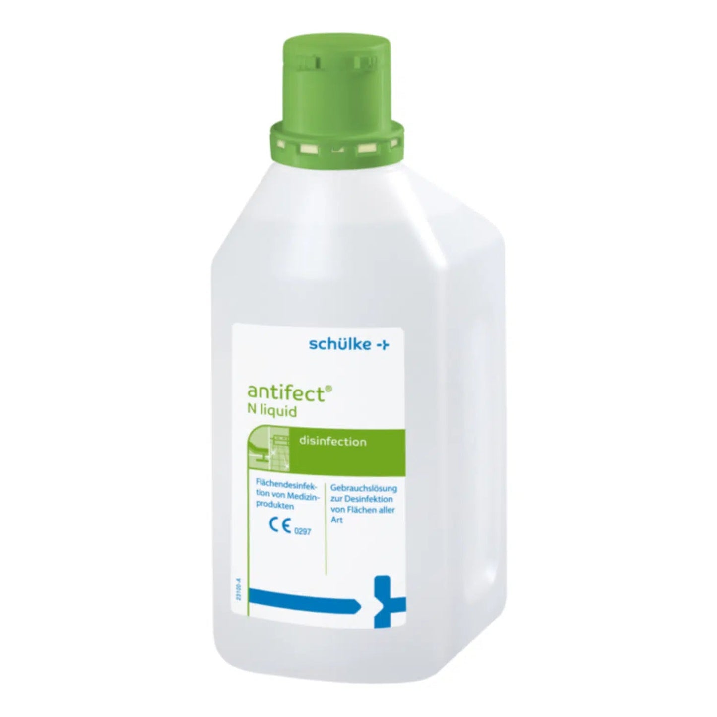 A white plastic bottle labeled "Schülke antifect® N Liquid Surface Disinfection" with a green cap, for quick disinfection. Contains German text indicating the product's use for disinfection.